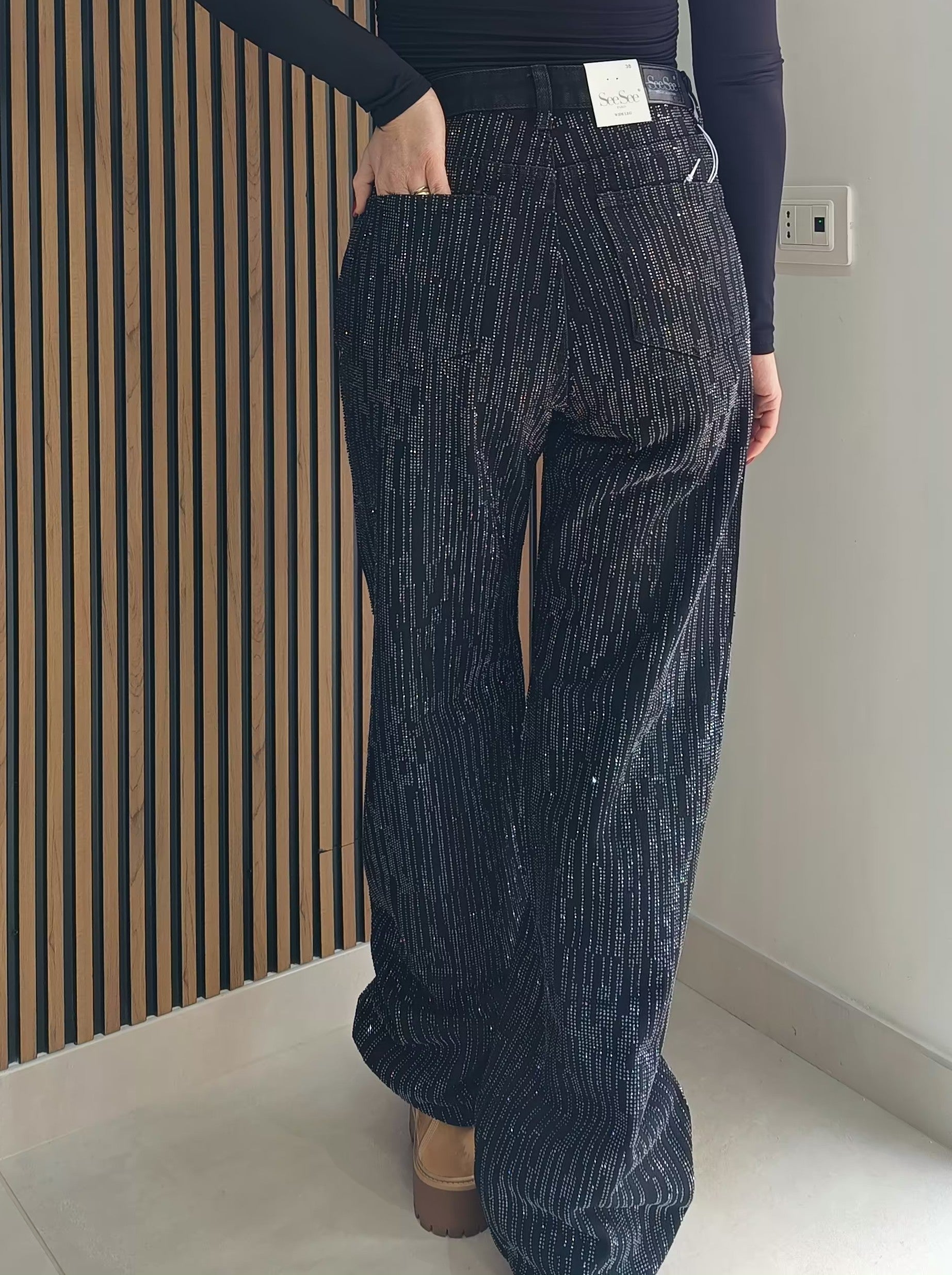 Jeans Wide leg strisce brillantini nero