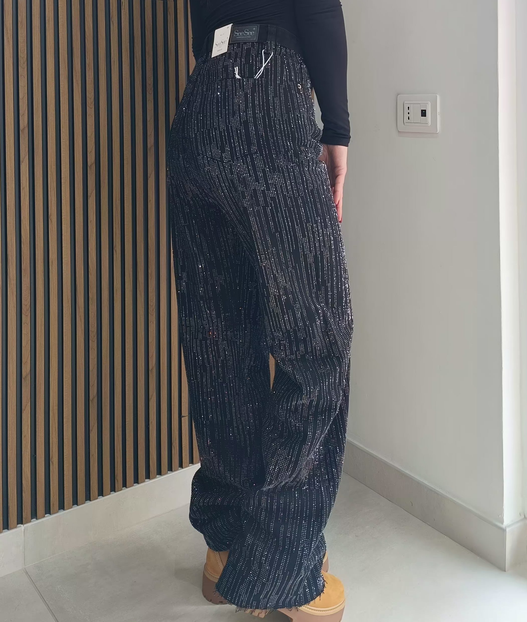 Jeans Wide leg strisce brillantini nero