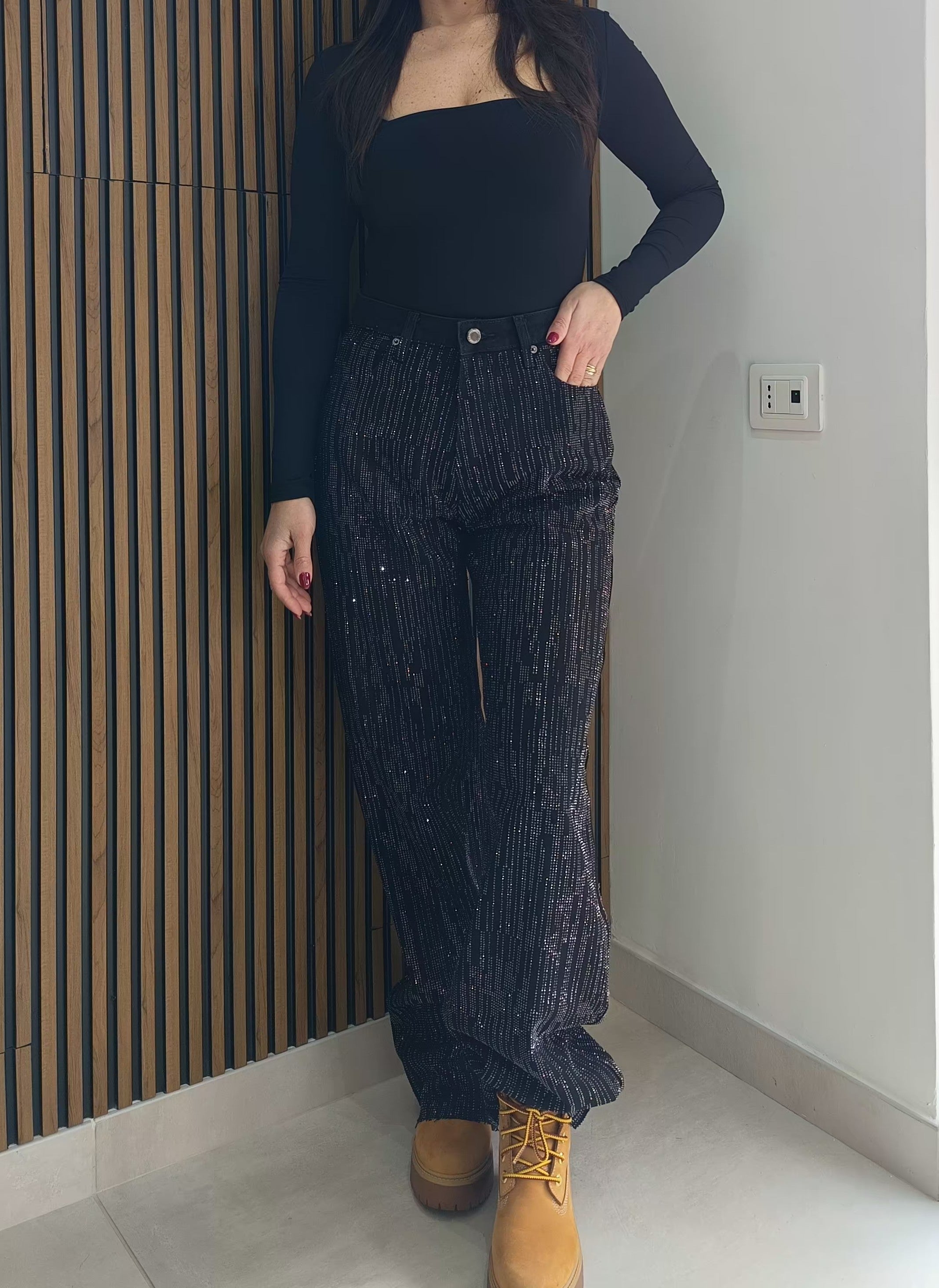 Jeans Wide leg strisce brillantini nero